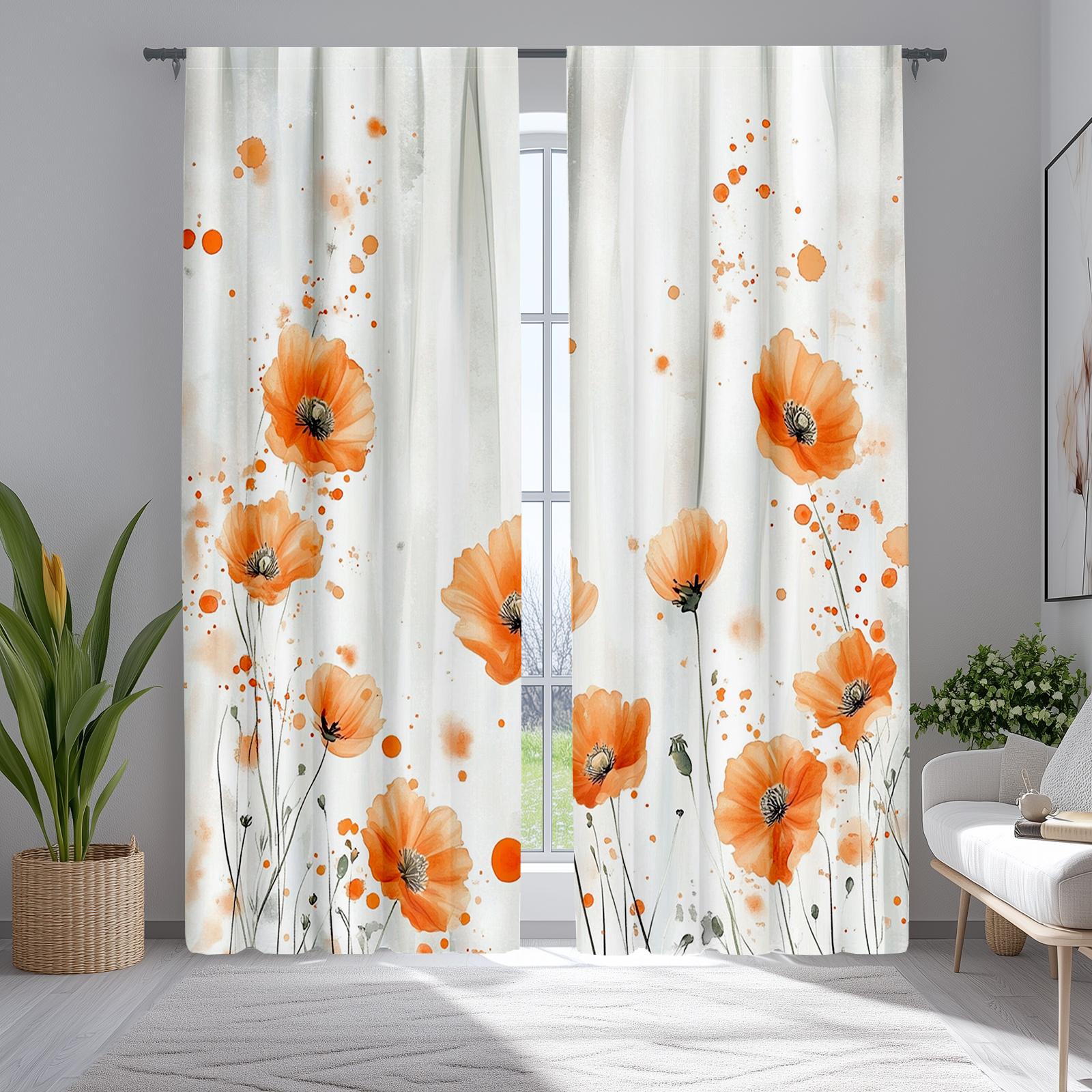 

Set Of 2 Spring Poppy Butterfly Kitchen Curtains Vermillion Orange Polyester Cafe Curtain Perfect For Cooking Area W100*H70(CM)-Grommet top&2PCS