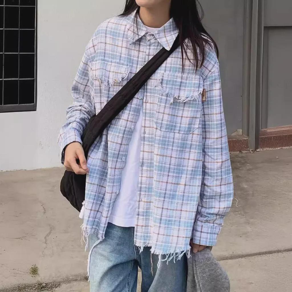 Women's Retro Plaid Raw Edge Long Sleeve Shirt - Loose, Casual, Layered, Trendy for Spring and Autumn.