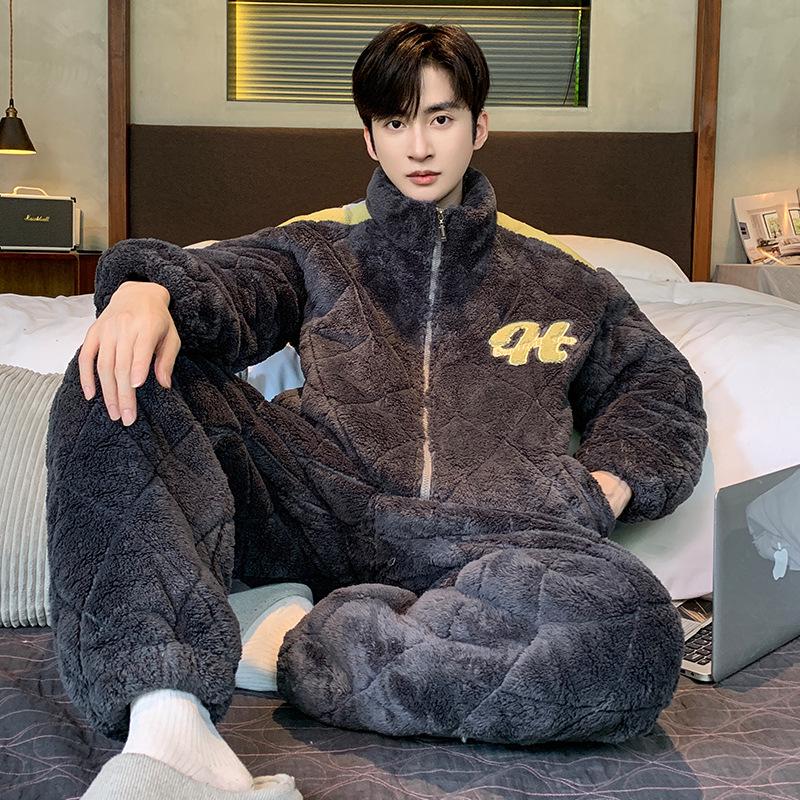 

Winter Men s Quilted Fleece Pajama Set - Thick, Warm, Youthful Homewear and Outdoor Style 3XL