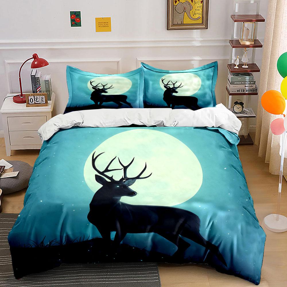 Moonlit Deer Landscape Decor Soft Comfortable Duvet Cover Bedding Set Included 1*Duvet Cover & 2*Pillowcases, Gift