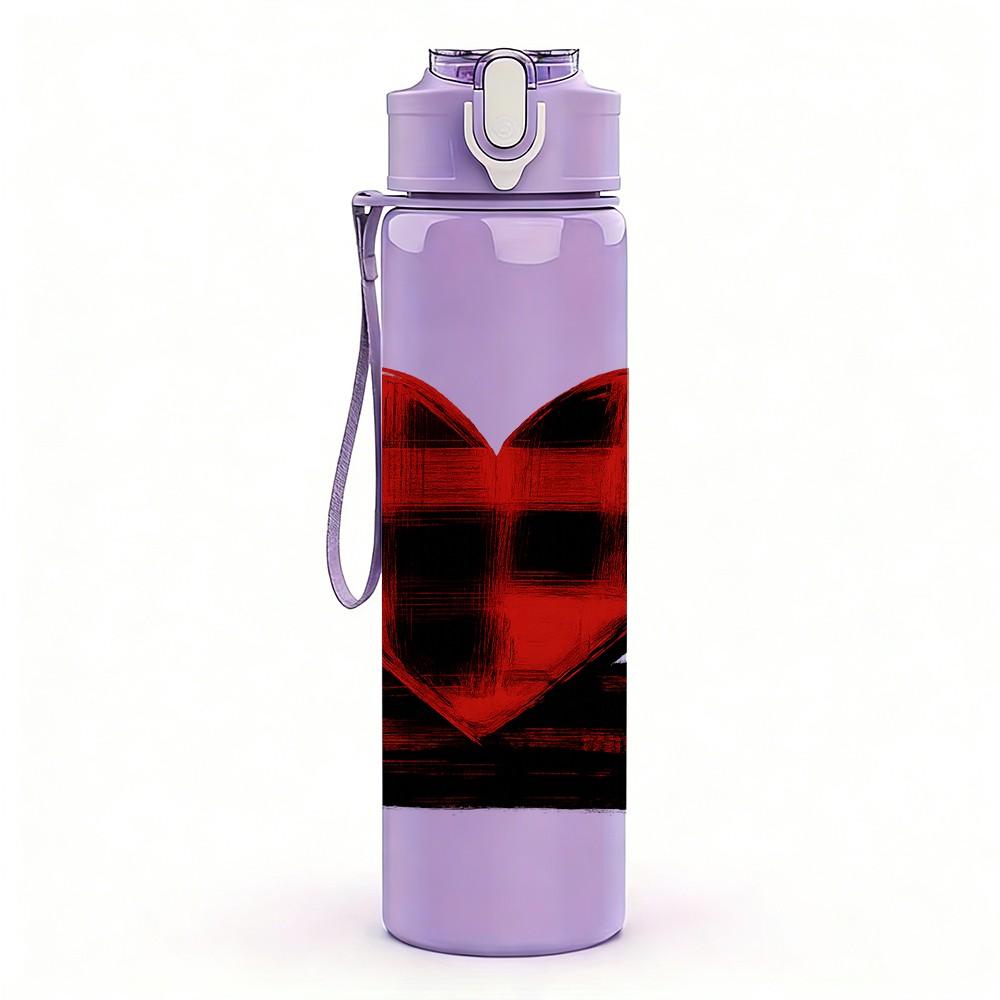 1PC Red Black Plaid Heart 750ml Color Plastic Sports Water Bottle Leakproof Flip Straw Lid Suitable for Sports Office Home Use
