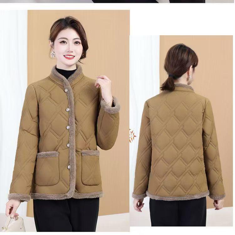 Women's Winter Cotton Jacket: Fleece-Padded, Jacquard Fabric, Age-Reducing, Warm, Chinese-Style, Enhanced Thickness.