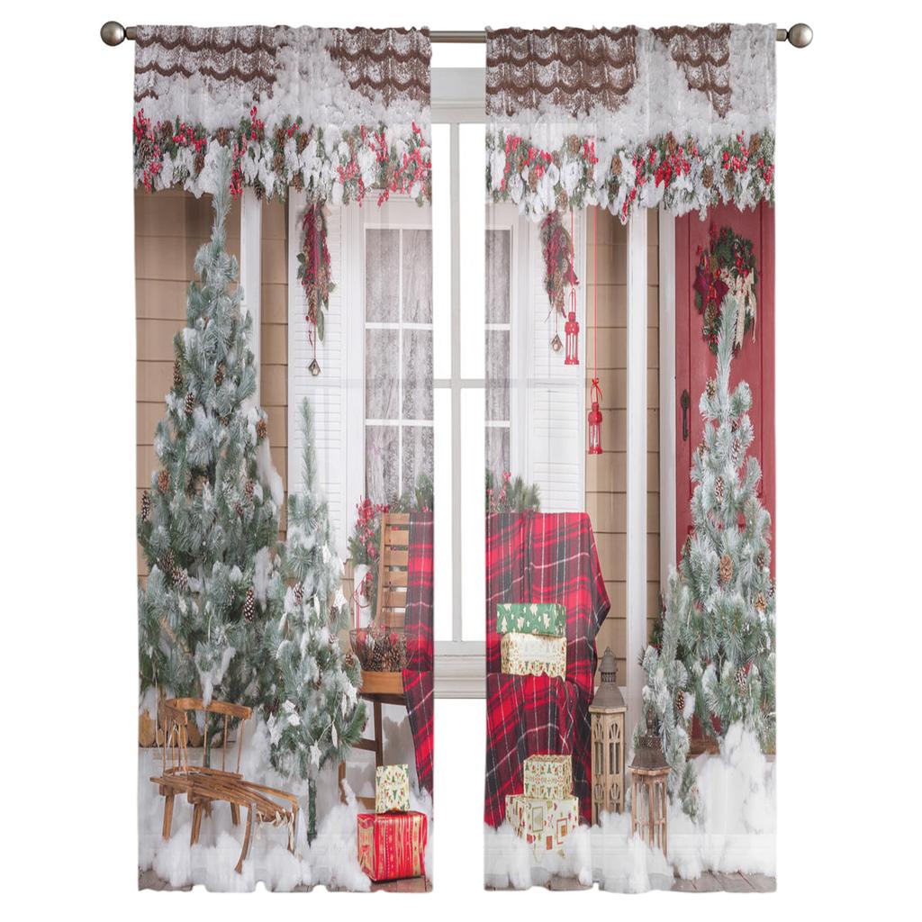 Christmas Christmas Tree Leaves Green Red Tulle Sheer Window Curtains for Living Room Bedroom Decor Voile Curtains Drapes