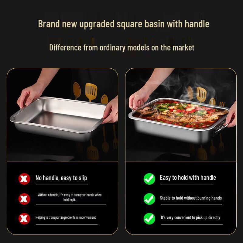 Large Rectangular Stainless Steel Serving Basin with Lid and Handle