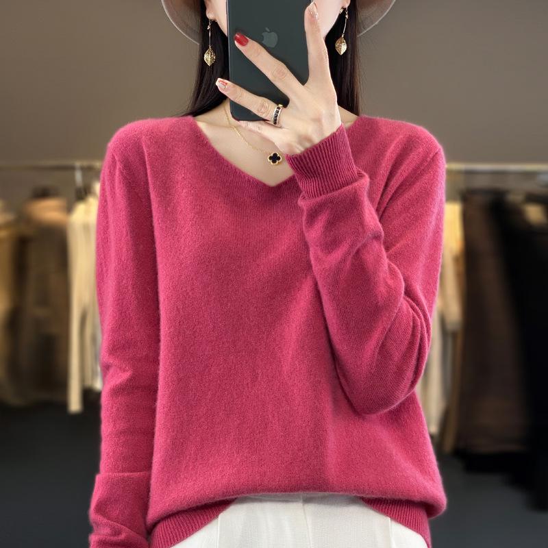 Women's Slimming V-Neck Pure Wool Cashmere Sweater - Soft, Seamless Knitwear Base Layer