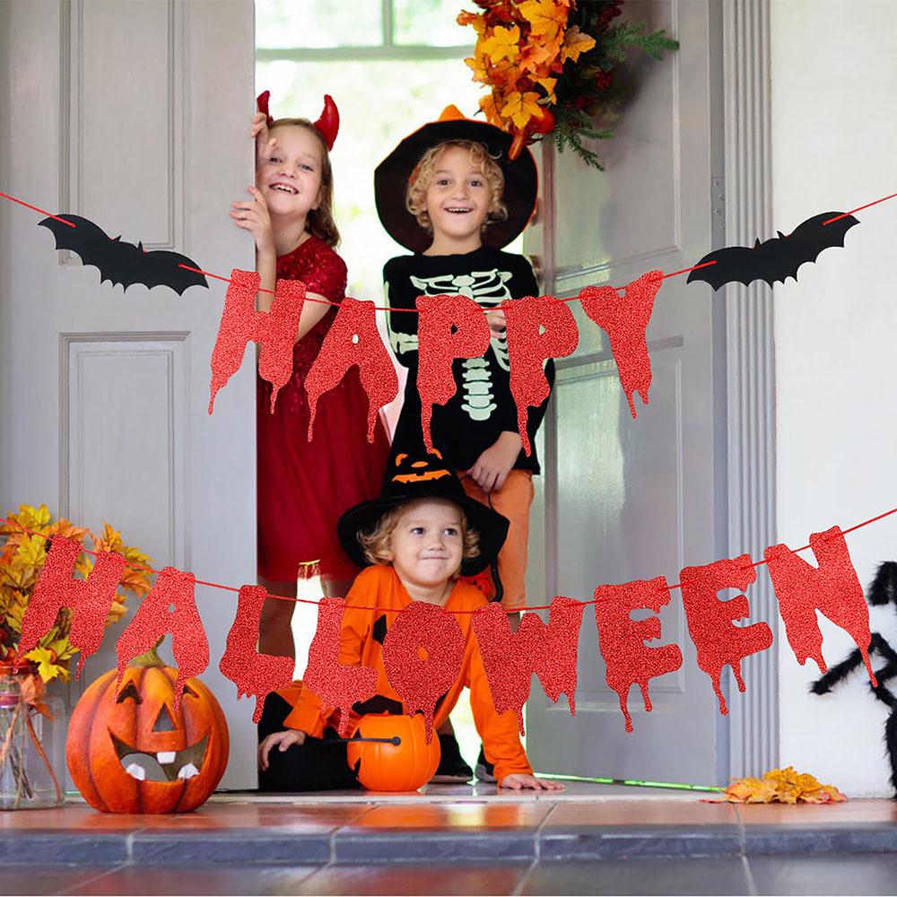 Red Glitter Bat Banner for Halloween Party Decor