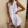 Women Summer Dress Ruffle V Neck Sleeveless Loose A-line Mini Dress Flower Edge Solid Color Short Dress for Dating Prom Beach