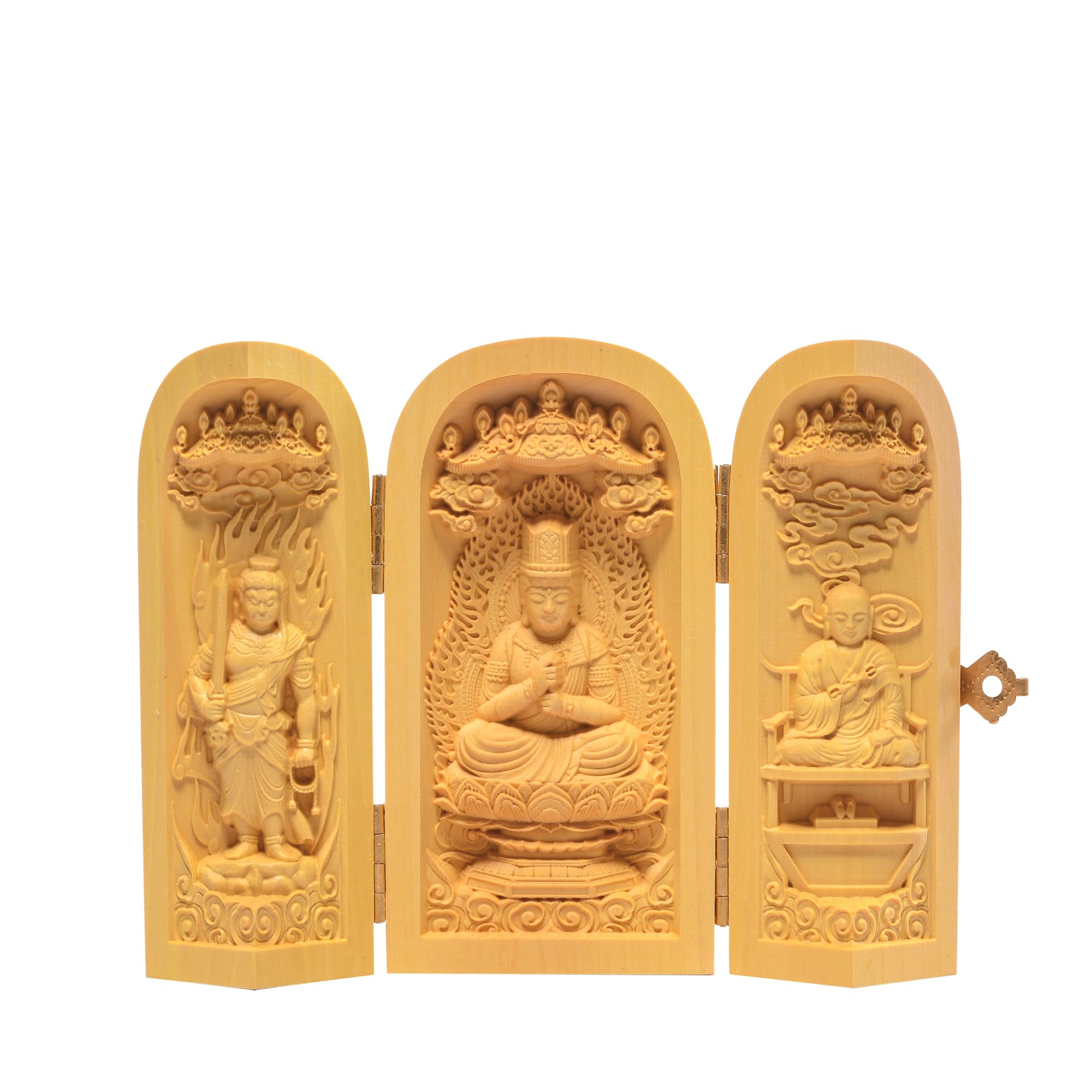 

Hanro Art Carving, Buddhist Statue, Three Open Buddhas, Dainichi Nyorai Triad, Acala, Shingon Buddhism, Kobo Daishi, Buddhist Altar, Wood Carving,