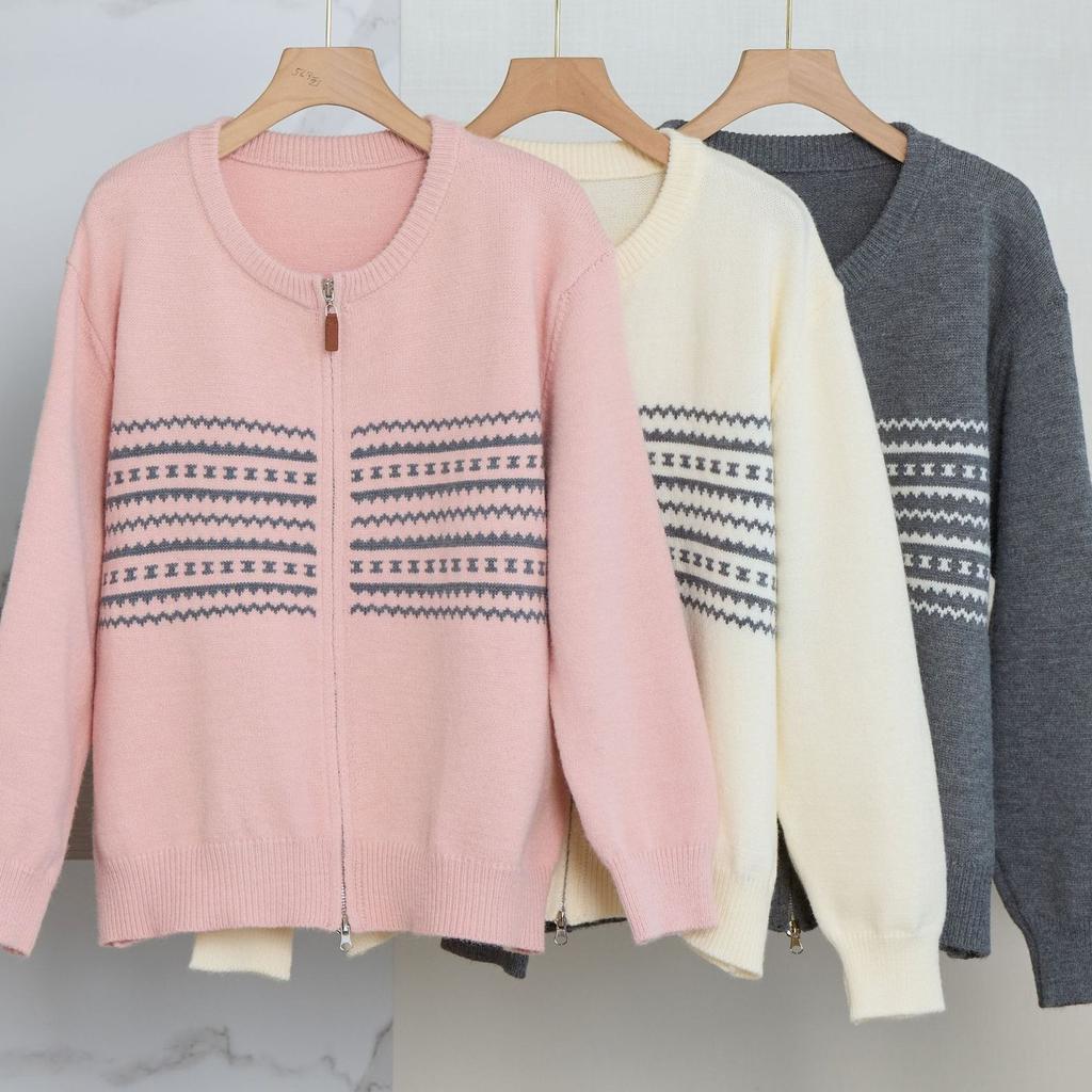 Korean Crew Neck zipper knitted cardigan women's 2025 autumn winter loose outer wear lazy wind lapel print sweater jacket coats