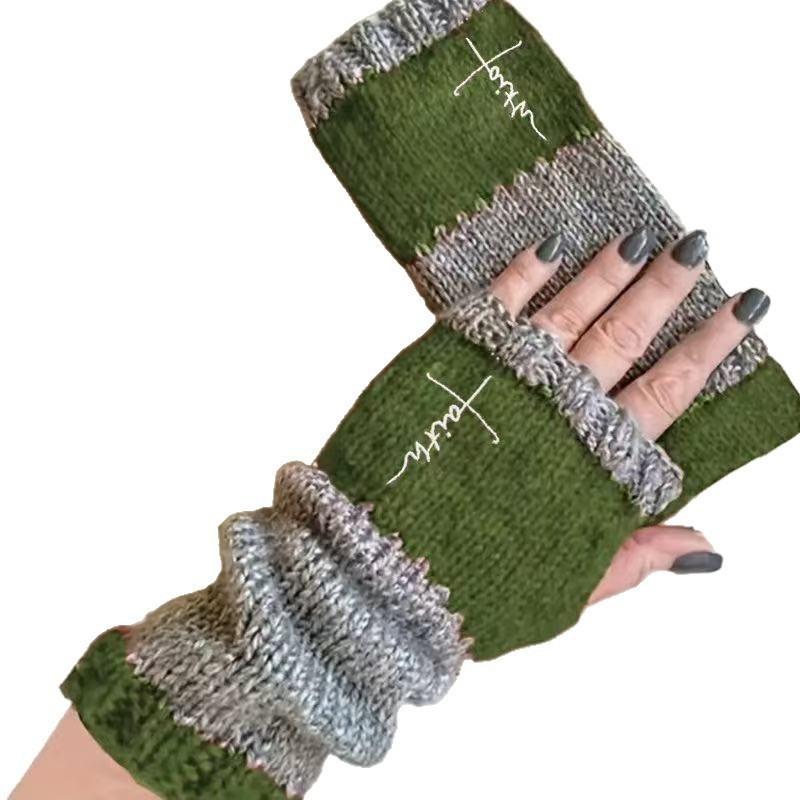 Gants en tricot sans doigts avec broderie de chat et patchwork, Gants décontractés ouverts aux doigts tendance pour femme, Mitaines chaudes d'hiver sans doigts