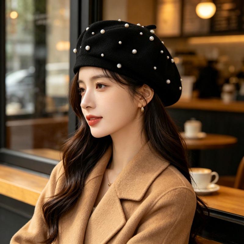 Women S Pearl Plush Beret Hat Vintage Fashion Elegant Lady Hat