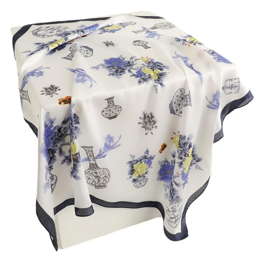 Blue and white porcelain plain silk scarf sunscreen shawl national style fashion scarf imitation silk 71cm square scarf professional scarf women
