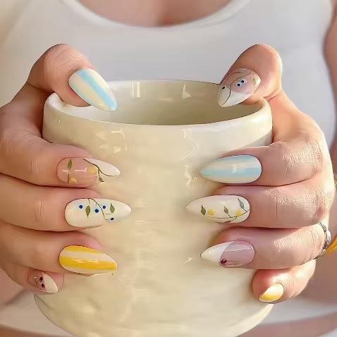 New 24 Nail Art Spring And Summer Small Fresh Cherry Blue Orange Stripe Naked Pink Long Almond Wear Nail Jelly glue + rubbing strips*3pcs