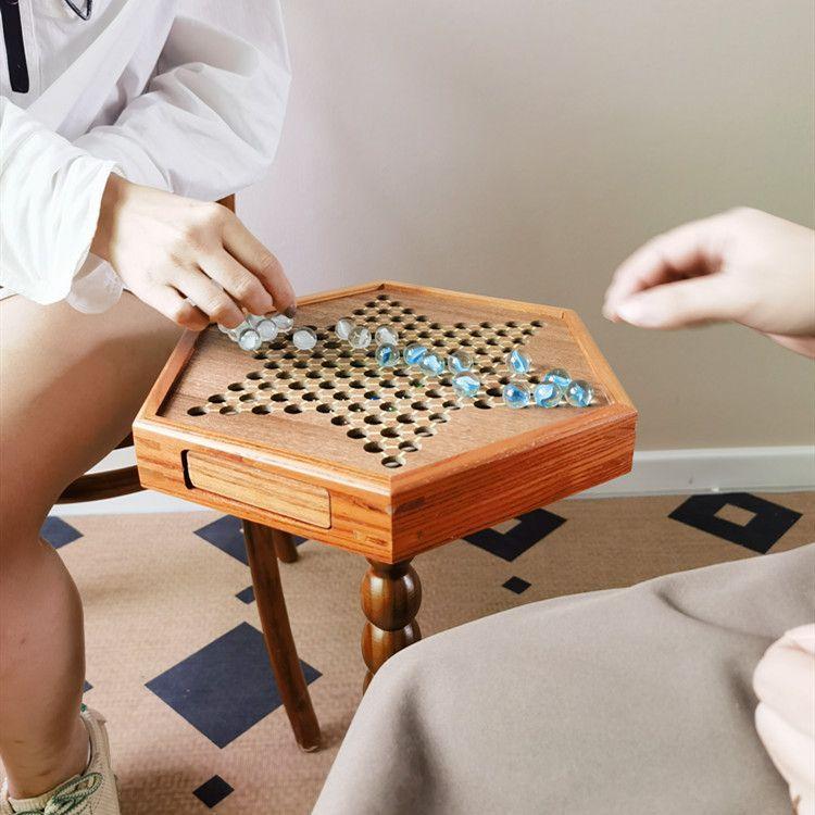 Vintage Hexagonal Side Table Solid Wood Table with Integrated Checkers Board Durable Fun Table for Living Room Multi-Purpose