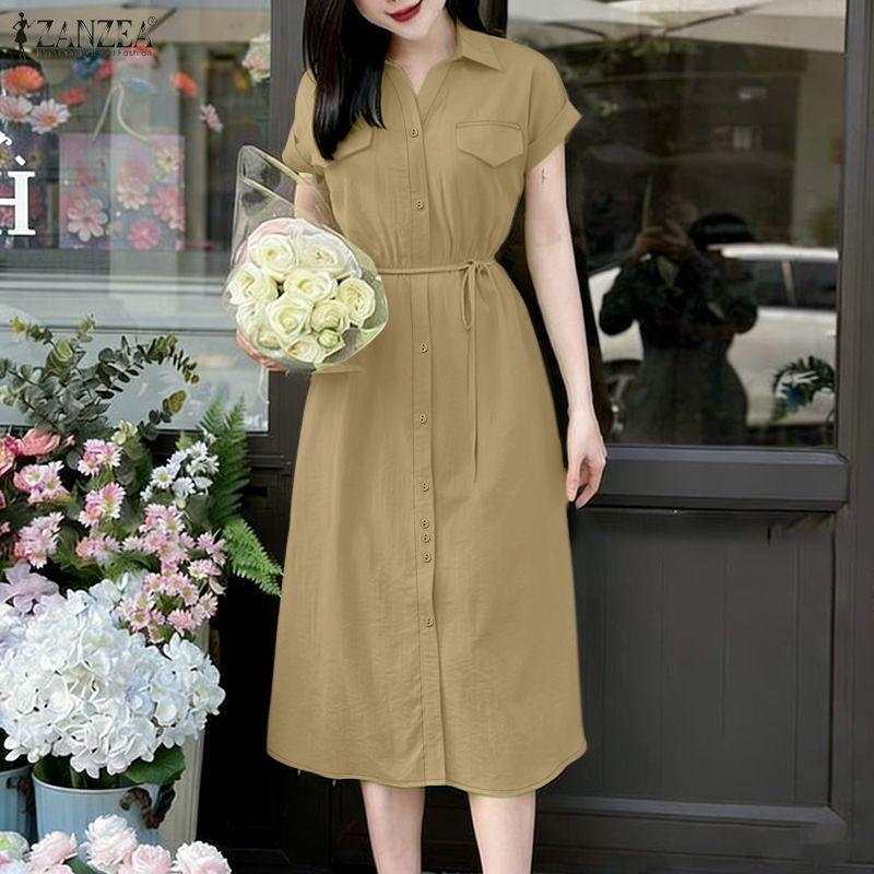 ZANZEA Robe chemise décontractée à manches courtes et col rabattu pour femme