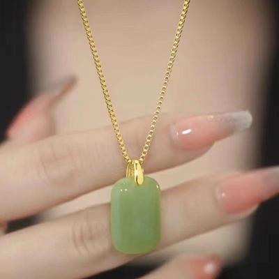 Women's Simple Jade Square Pendant Necklace - Imitation Hetian Jade, Fashionable Clavicle Chain