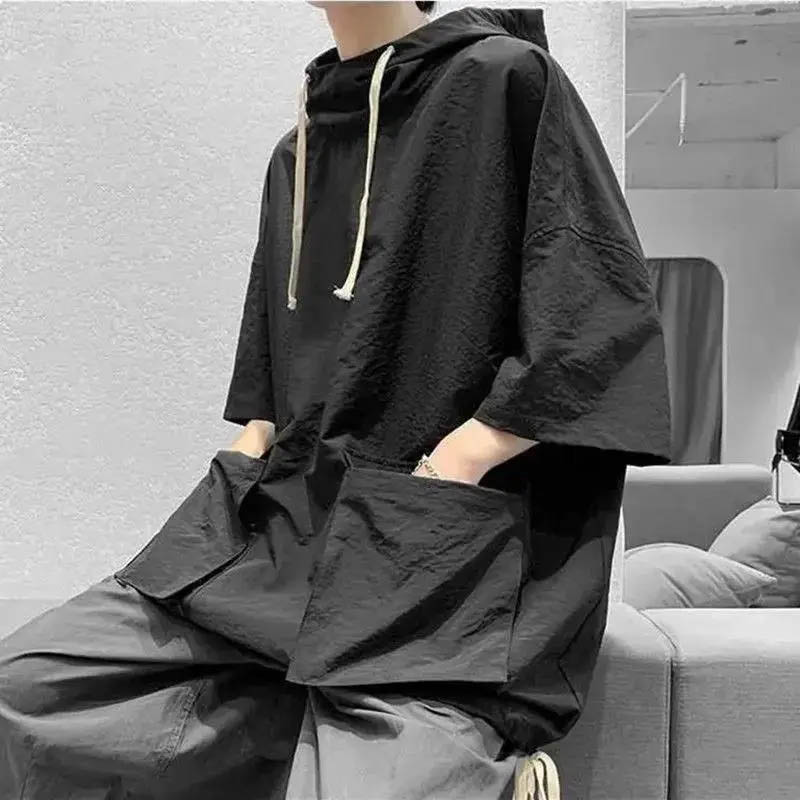 Summer and Autumn Hooded Short-sleeved T-shirt Men's Korean Version Half-sleeved Sweater Men's All-match Student Loose Hooded 5-point Sleeve Top