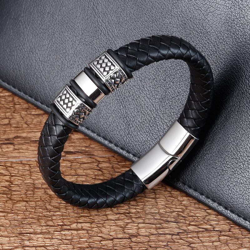 Custom Logo Engraving Genuine Leather Bracelet Stainless Steel Braided Men Magnetic Clasp Braided Leather Bracelet