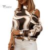 Autumn Blouse Women Top Long Sleeves Contrast Color Diagonal Collar Geo Printing Lady Spring Shirt One Shoulder Warm Elegant Chain for Shopping