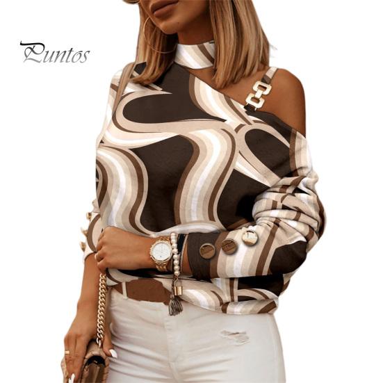 Autumn Blouse Women Top Long Sleeves Contrast Color Diagonal Collar Geo Printing Lady Spring Shirt One Shoulder Warm Elegant Chain for Shopping