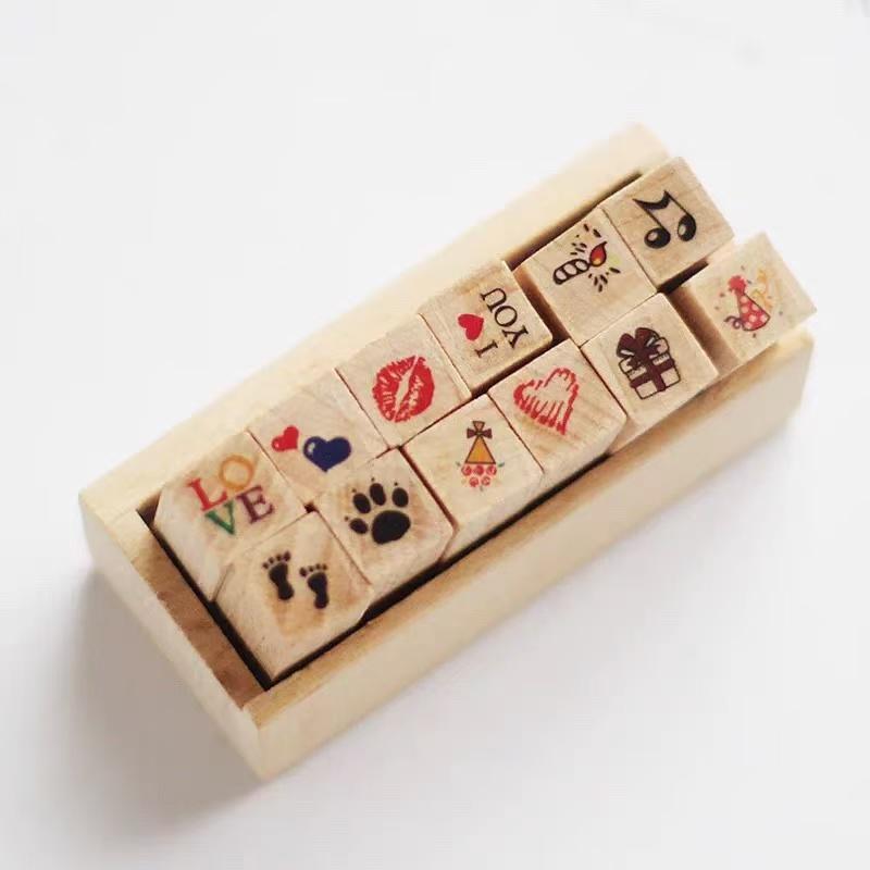 Office School Supplies Diary Seal Decoration for Handbook Love Life Wooden Seal 12 Pieces Wooden Box 5 Options Kawai Lovely Gift