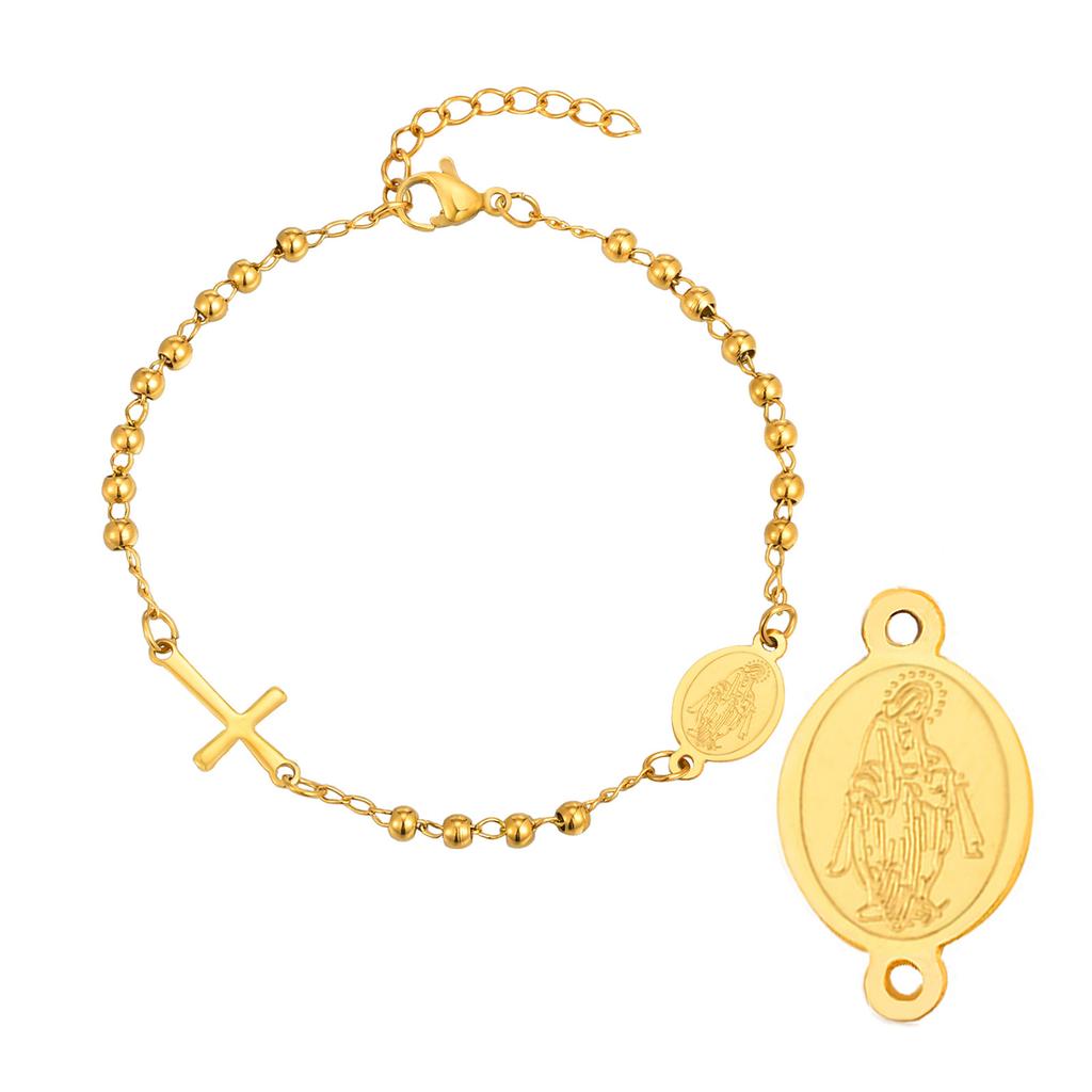 Edelstahl Jungfrau Maria St. Benedikt Kreuz Armband, Perlenkette Armband Damen Religiöser Schmuck