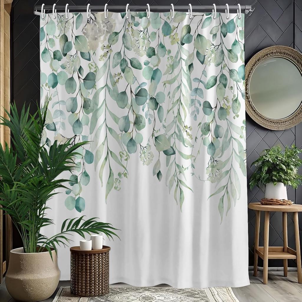 Rustic Brown Leaf Shower Curtain with Hooks, Watercolor Botanical Eucalyptus Bathroom Decor, Boho Farmhouse Waterproof Polyester