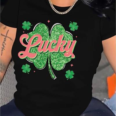 1pc Women'S St. Patrick'S Day T-Shirt - Casual Crew Neck Top with Four-Leaf Clover Print, Short Sleeve, Regular Length, All-Seas