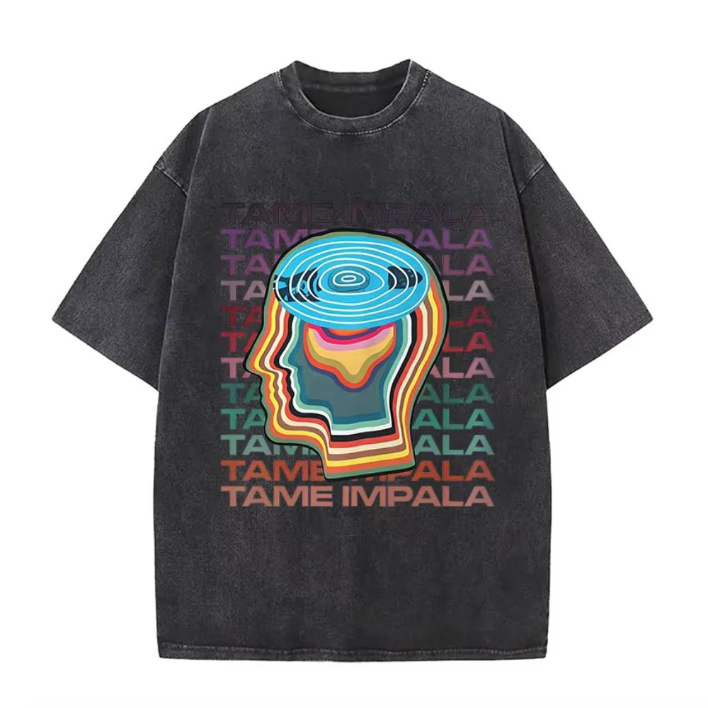 Tame Impala Tour Album Vintage Washed Tshirt Mens Hip Hop Gothic Tshirts Casual Oversized Short Sleeve T Shirt Streetwear