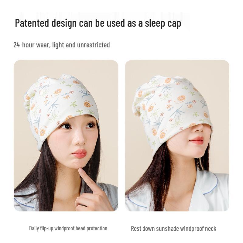 Windproof Double-Layer Postpartum Maternity Hat - Pure Cotton, High Elastic, Hexagonal Design.
