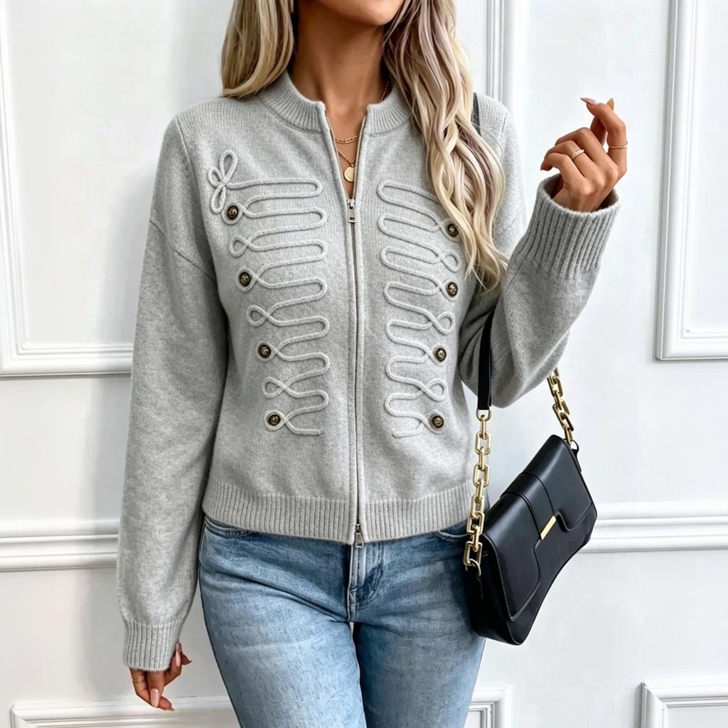 Women's Vintage Button Front Knit Cardigan Round Neck Zip-Up Slim Fit Sweater Jacket