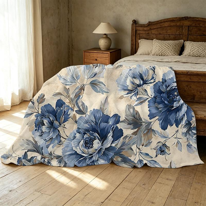 Soft Flannel Fleece Blanket Breathable Cozy Throw with Blue Flower Pattern, All Season Use, Ideal for Home Office & Christmas Halloween Gifts