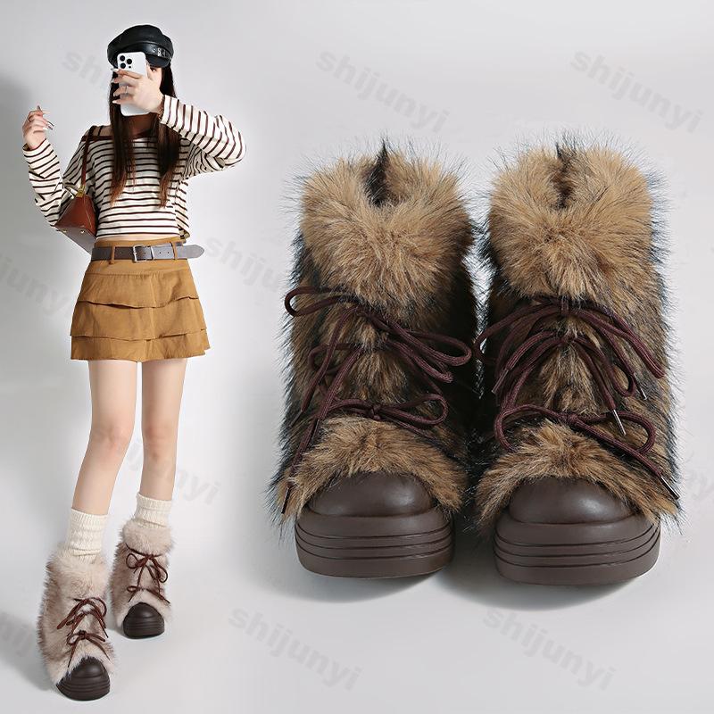 Stivaletti da Neve da Donna Invernali Pelliccia Designer Moda Corti Peluche Cotone Scarpe Retrò Pelosi Caldi Stringati Piattaforma Scarpe da Donna
