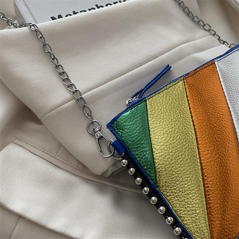 Autumn and winter exquisite texture small bag women's 2025 new splicing contrasting color rainbow shoulder messenger chain envelope bag
