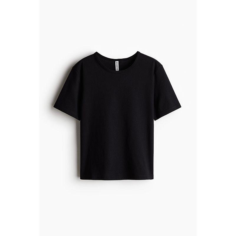 

HM Women s T-shirt 2025 Summer New round Neck Minimalist Plaid Cotton Jersey Short-Sleeved Casual Top 1261292 Black 160/88(S)
