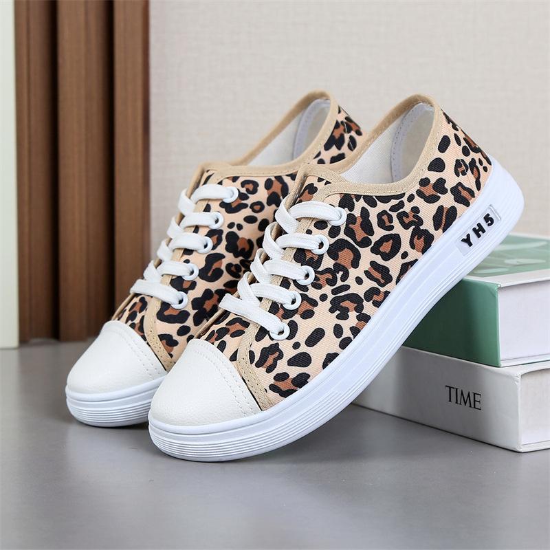 Large Size Leopard Print Canvas Shoes Women's Spring Thin Casual Flat Cloth Shoes Lace-up Single Shoes