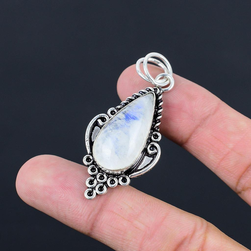 Sterling Silver Pear Natural Rainbow Moonstone Crown Chakra Wife Pendant Jewelry