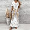 Women Plus Size V Neck Short Sleeve Black Gold Printed Straight Long Dress
