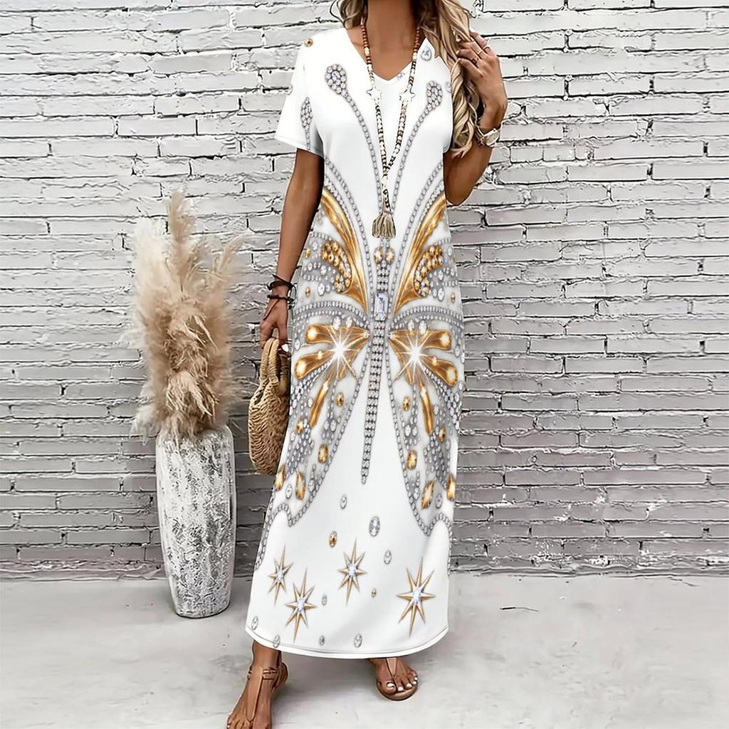 Women Plus Size V Neck Short Sleeve Black Gold Printed Straight Long Dress