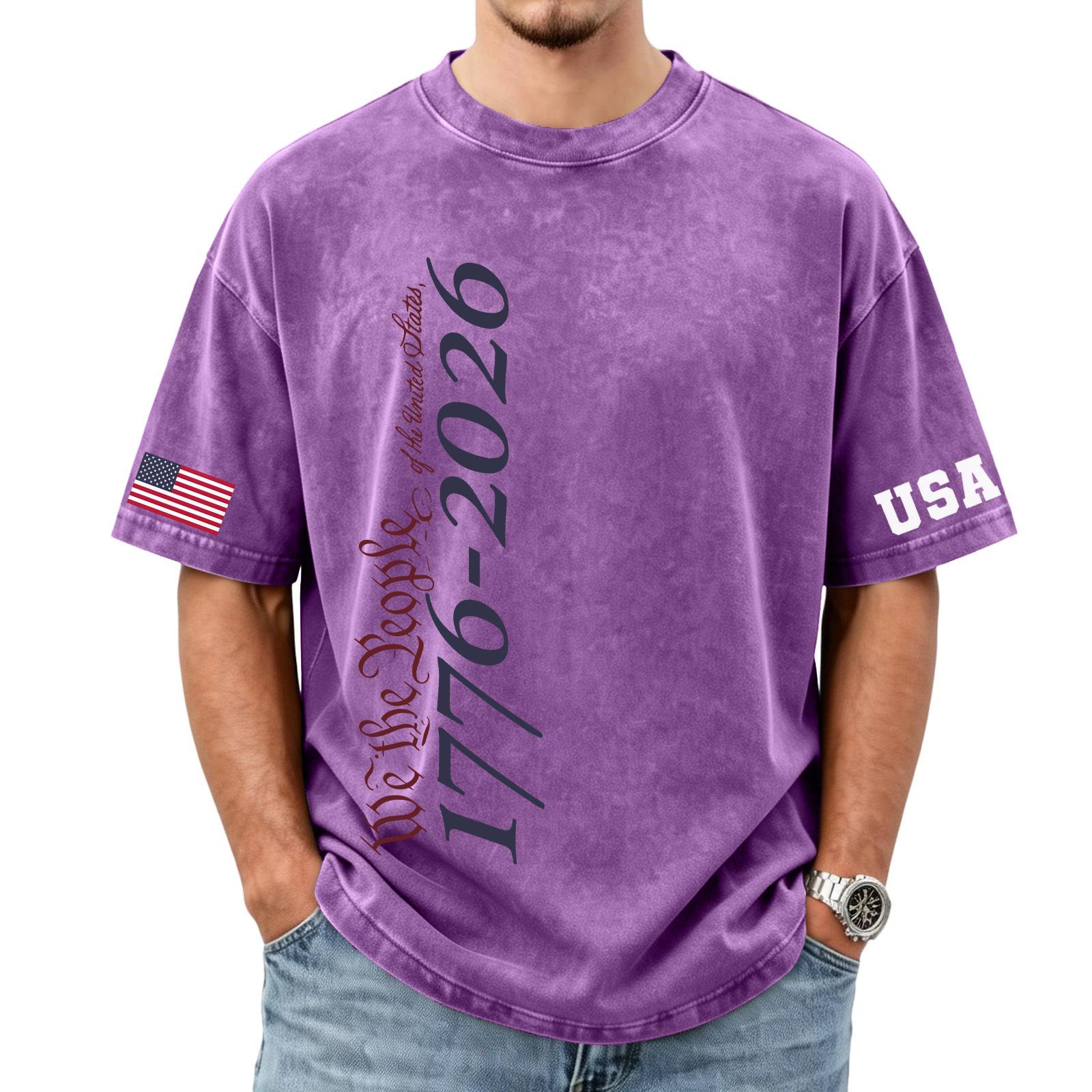 

Short Sleeve Crew Neck T Shirt with 1776 2026 We the Print USA Flag Patch Casual Loose Fit Cotton Top XL фіолетовий
