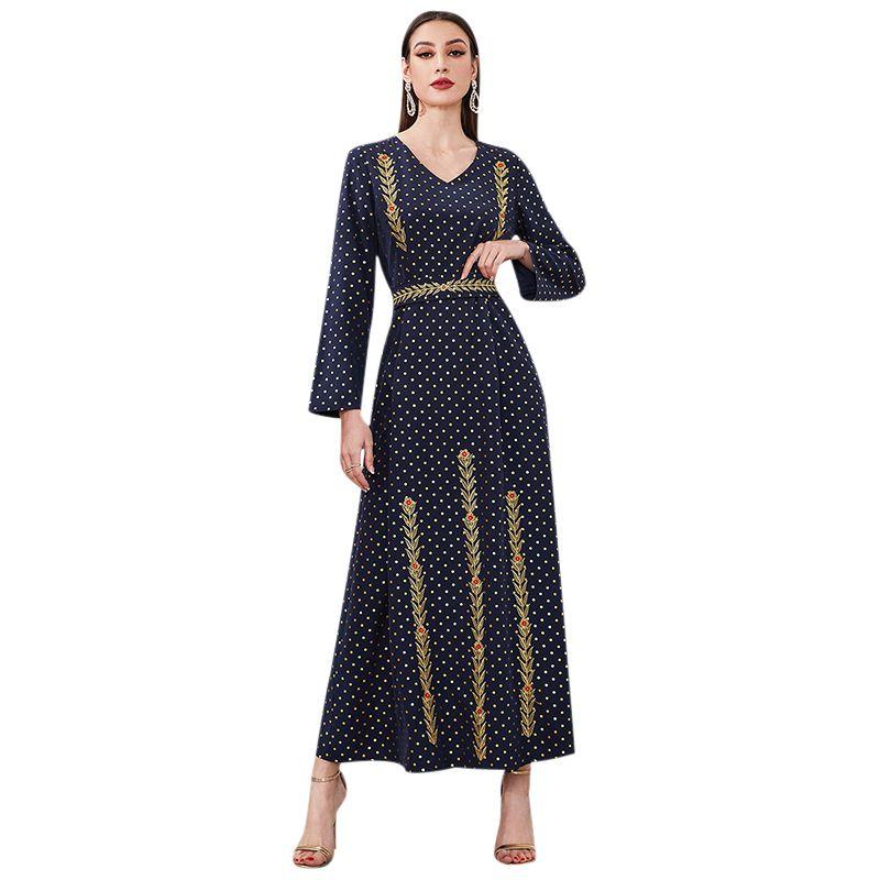 Muslim Arab Robe Navy Blue Embroidered National Polka Dot Print Long Sleeves Tie Fashion Four Seasons Long Dress