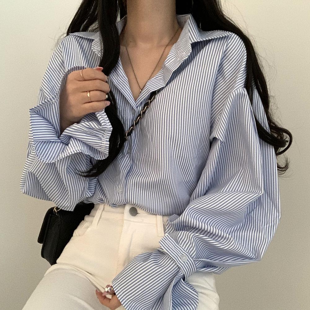 Spring  Lantern Sleeve Striped Shirt Top for Women New Korean Academy Style Design Loose