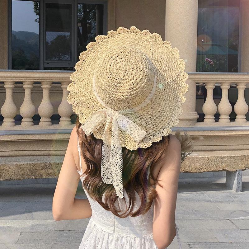 Summer Hat Womens Sun Hat Foldable Hollow Lace Trim Straw Hat Girls Outdoor Travel Wide Brim Casual Hat Bucket Hats Beach Hat