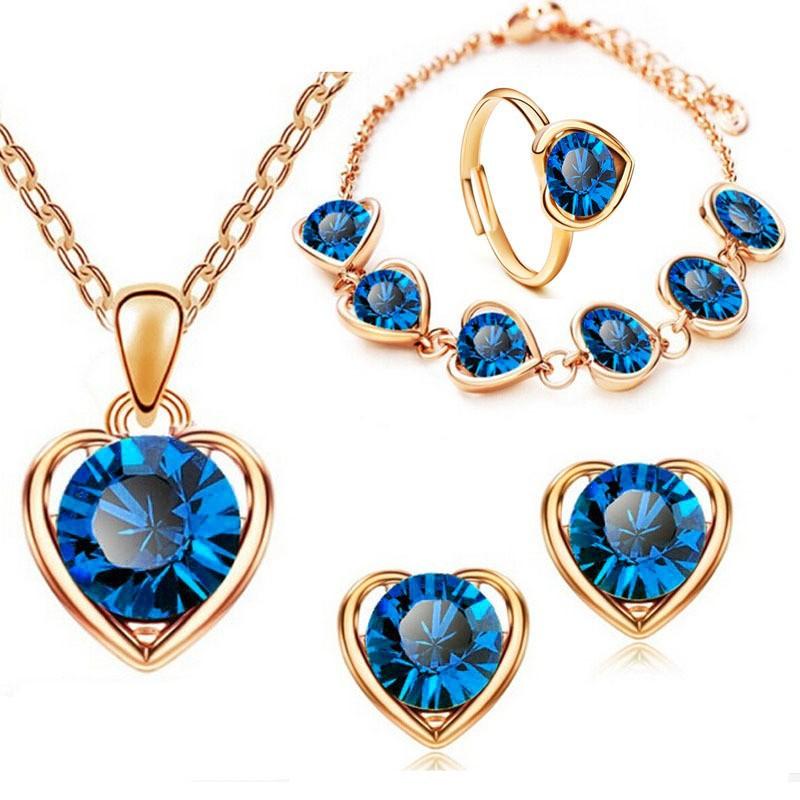 Blue Cyrstal Ring Necklace Earrings Set Wedding Jewelry Sets For Brides Pendant Earrings For Girls Women African Jewelry Sets
