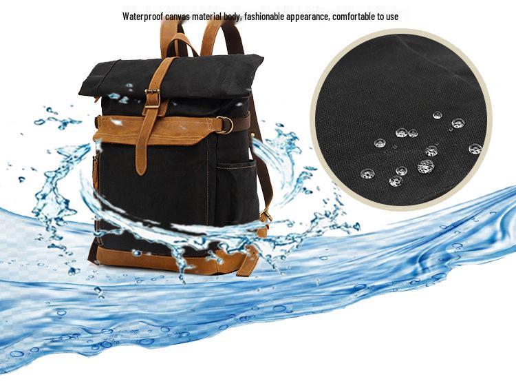 Men's Crazy Horse Leather Travel Backpack and Shoulder Bag with Waxed Canvas Laptop Compartment