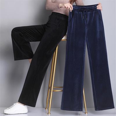 2022 Winter Casual Lange Broek Corduroy Wijde Pijpen Pantalones Vrouwen Elastische Hoge Taille Elegante Broek Vetersluiting Streetwear