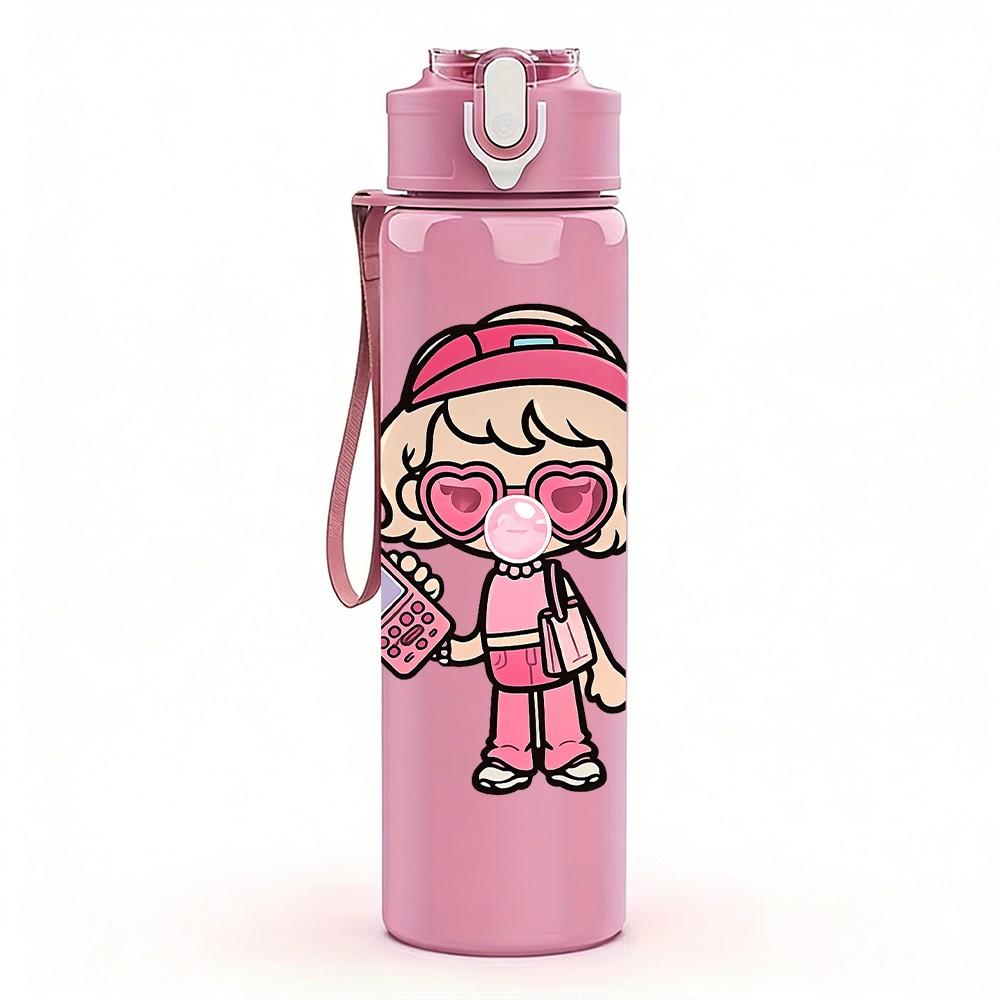 1PC Mask Girl Holding Bag 750ml Color Plastic Sports Water Bottle Leakproof Flip Straw Lid Suitable for Sports Office Home Use