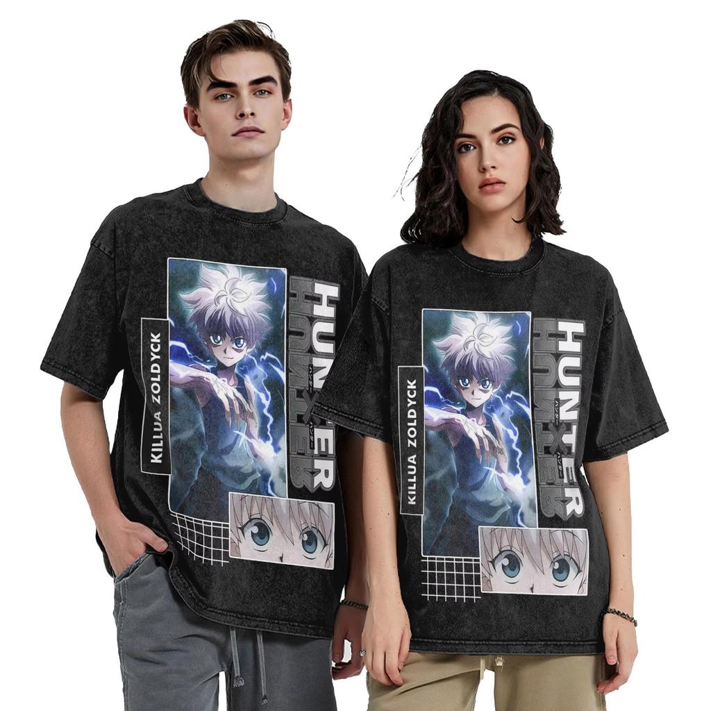 Washed T Shirts Hunter X Hunter Killua Zoldyck Hip Hop T-Shirts Harajuku Streetwear 100% Cotton Printed Tee Shirt for Men Women