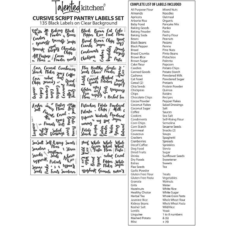 Talented Kitchen Labels for Food Containers - 135 Count, Preprinted Black Cursive on Clear Backing, Water-Resistant - Pantry & Kitchen Storage Labels