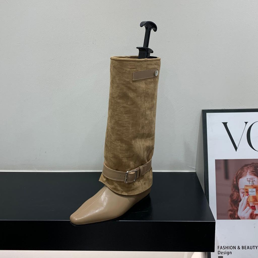 Inner Height Increasing Suede Pants Boots Long Knight Boots Women's Boots Autumn and Winter Square Head Skinny Pile Boots Long Boots